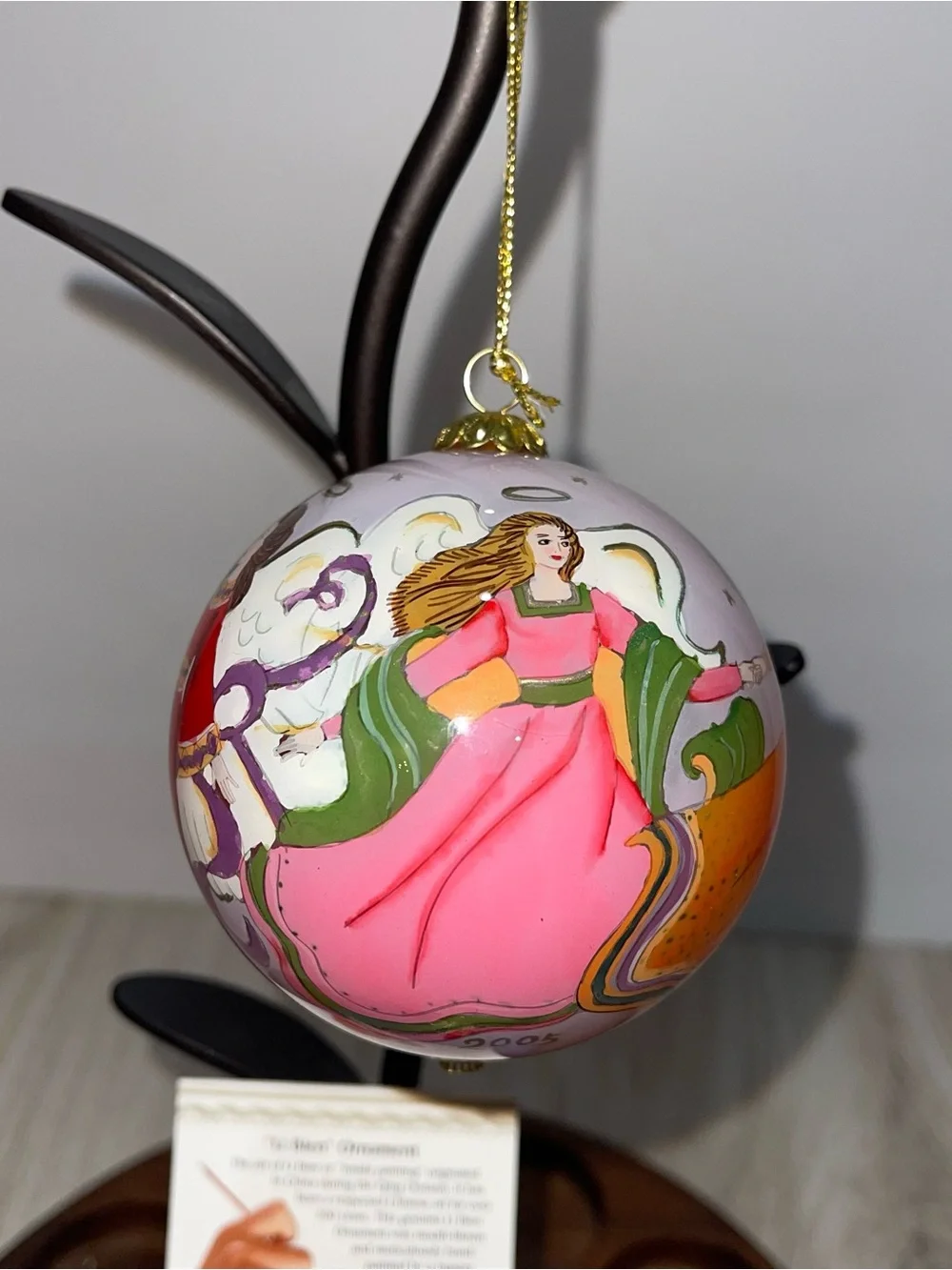 Pier 1 Li Bien Reverse Painted Glass Ornament Angel Orange Dress Purple